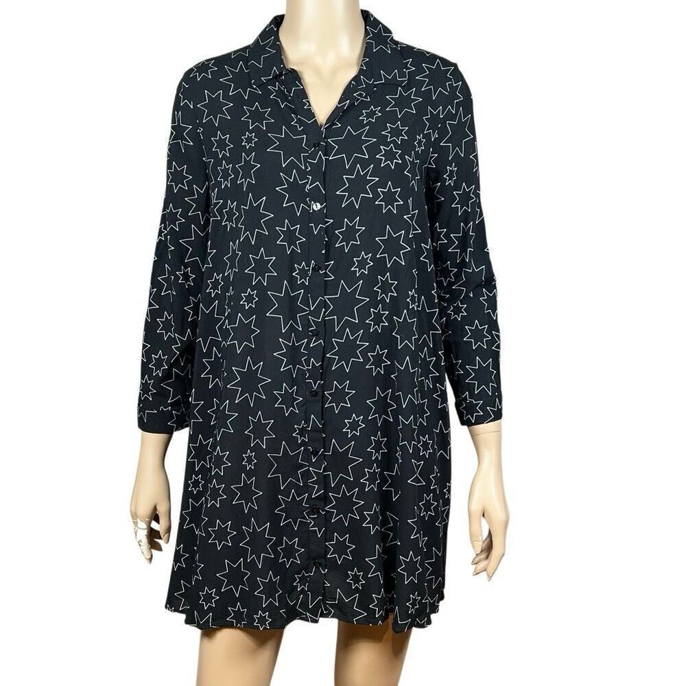 Zara Woman Premium Denim Collection Star Print Shirt Dress Black White XS (050)